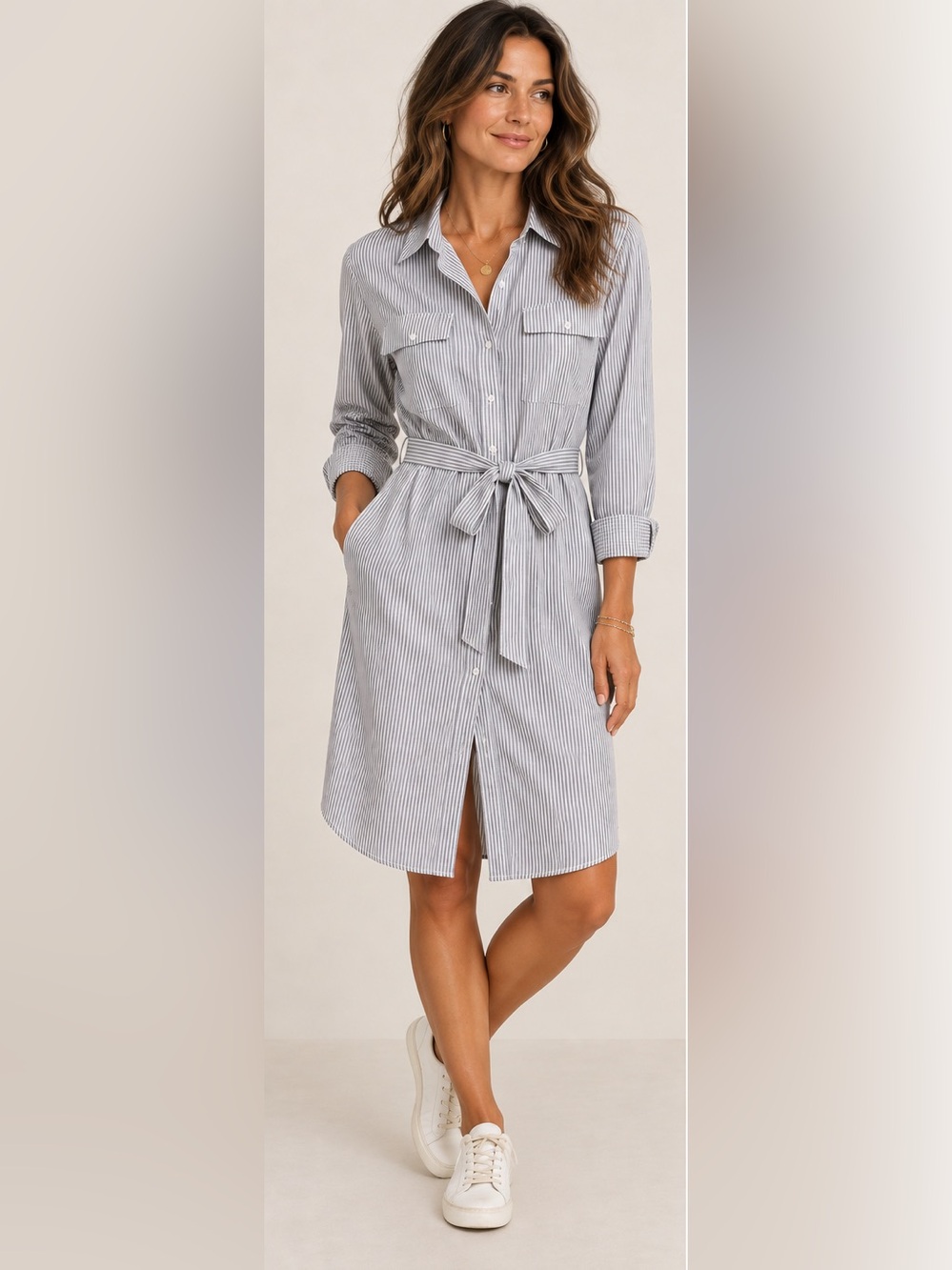 A New Day Striped Button Front Belted Shirt Dress Gray White